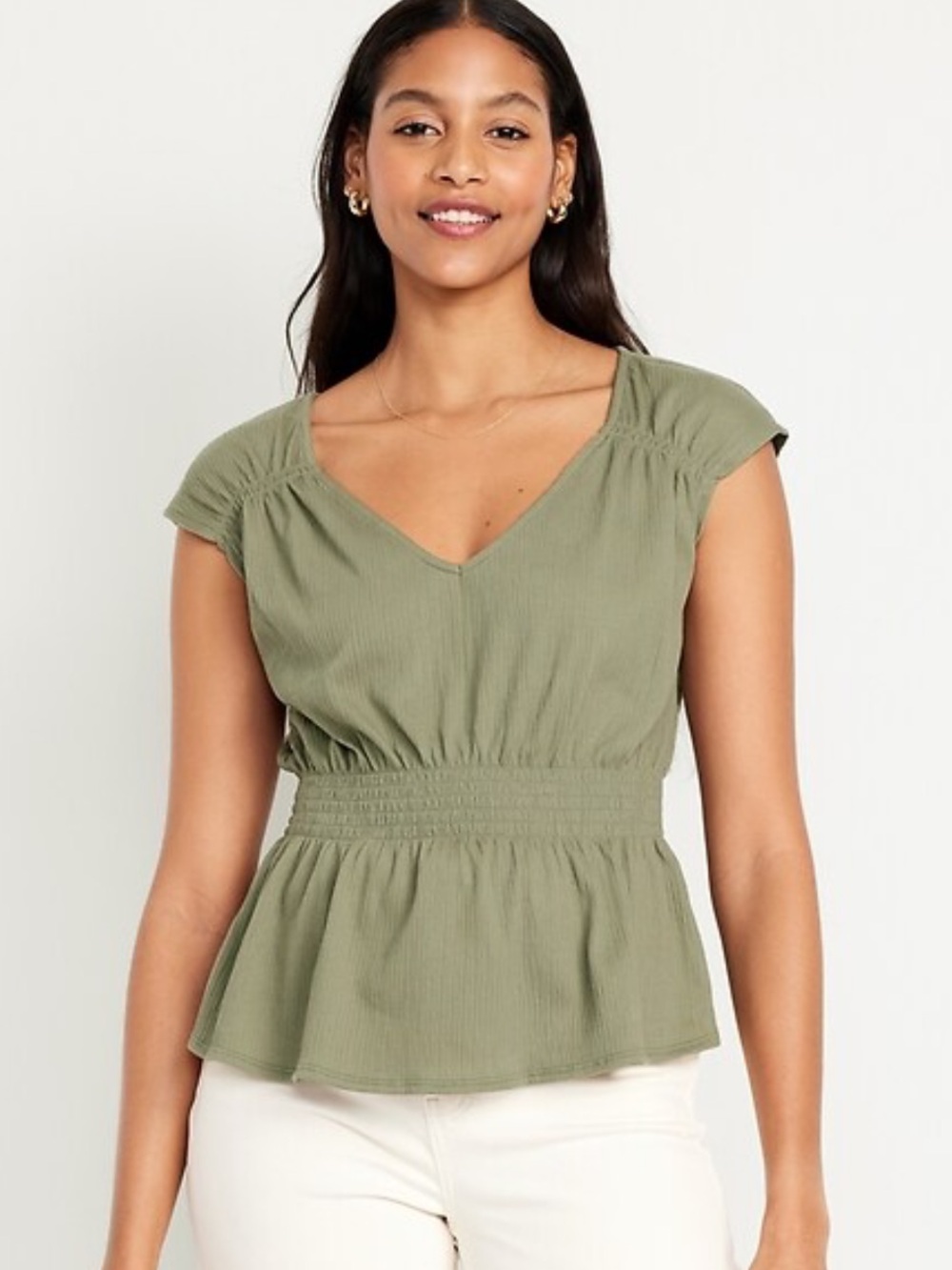 Old Navy Olive Green Smocked Peplum Blouse